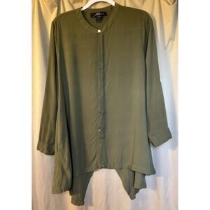 Woman’s Midnight Velvet Khaki Green Hidden Button Up Tunic Blouse Top Size L